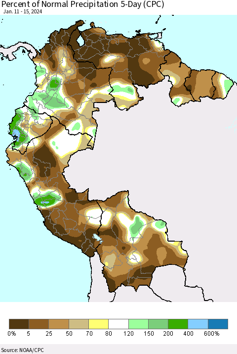 Northern South America Percent of Normal Precipitation 5-Day (CPC) Thematic Map For 1/11/2024 - 1/15/2024