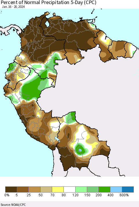 Northern South America Percent of Normal Precipitation 5-Day (CPC) Thematic Map For 1/16/2024 - 1/20/2024