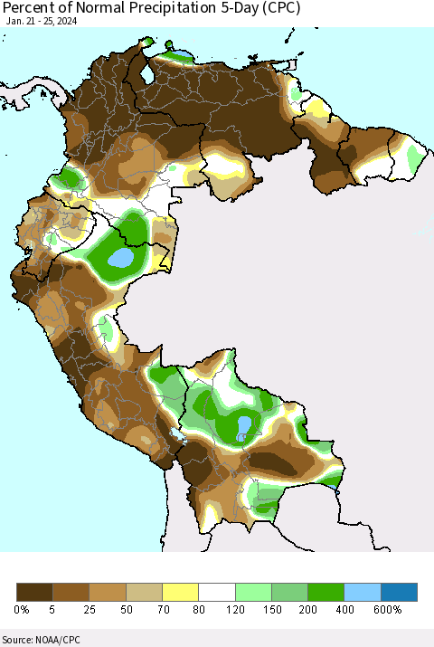 Northern South America Percent of Normal Precipitation 5-Day (CPC) Thematic Map For 1/21/2024 - 1/25/2024