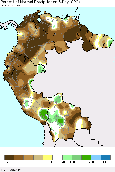 Northern South America Percent of Normal Precipitation 5-Day (CPC) Thematic Map For 1/26/2024 - 1/31/2024