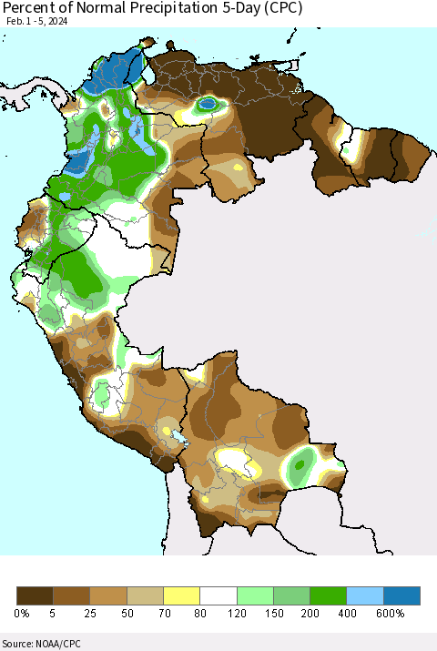 Northern South America Percent of Normal Precipitation 5-Day (CPC) Thematic Map For 2/1/2024 - 2/5/2024