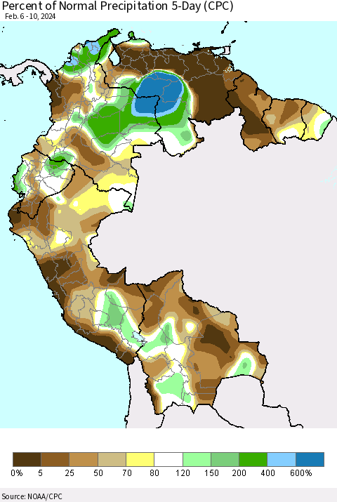 Northern South America Percent of Normal Precipitation 5-Day (CPC) Thematic Map For 2/6/2024 - 2/10/2024
