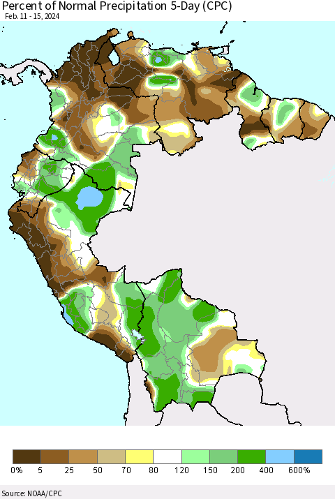 Northern South America Percent of Normal Precipitation 5-Day (CPC) Thematic Map For 2/11/2024 - 2/15/2024