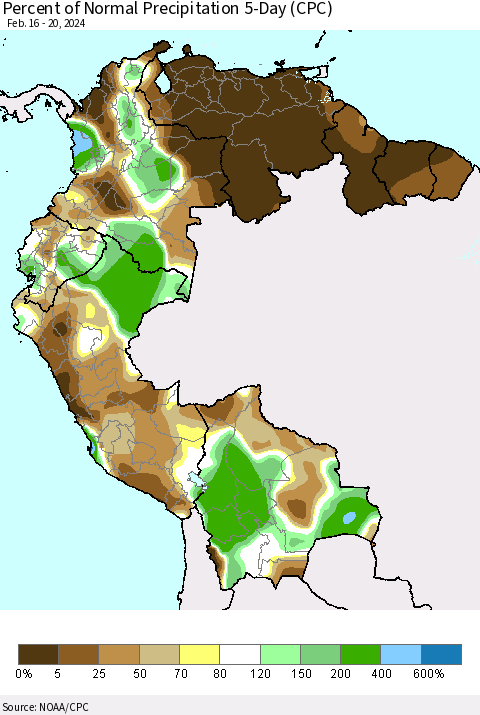 Northern South America Percent of Normal Precipitation 5-Day (CPC) Thematic Map For 2/16/2024 - 2/20/2024