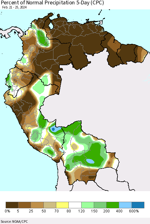 Northern South America Percent of Normal Precipitation 5-Day (CPC) Thematic Map For 2/21/2024 - 2/25/2024
