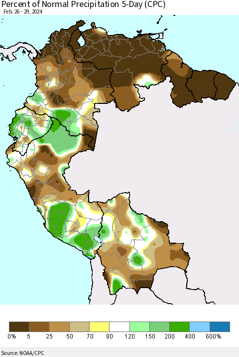 Northern South America Percent of Normal Precipitation 5-Day (CPC) Thematic Map For 2/26/2024 - 2/29/2024