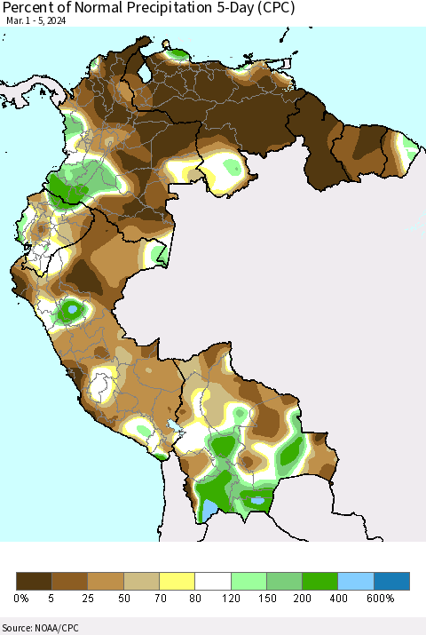 Northern South America Percent of Normal Precipitation 5-Day (CPC) Thematic Map For 3/1/2024 - 3/5/2024