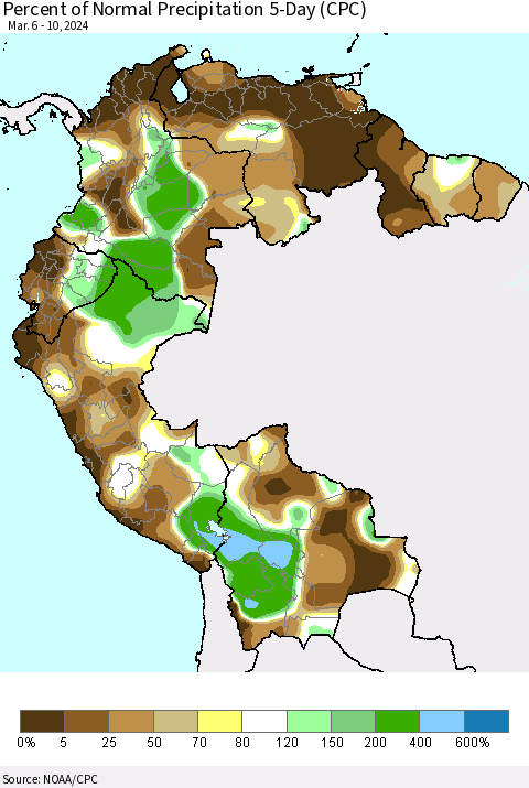 Northern South America Percent of Normal Precipitation 5-Day (CPC) Thematic Map For 3/6/2024 - 3/10/2024