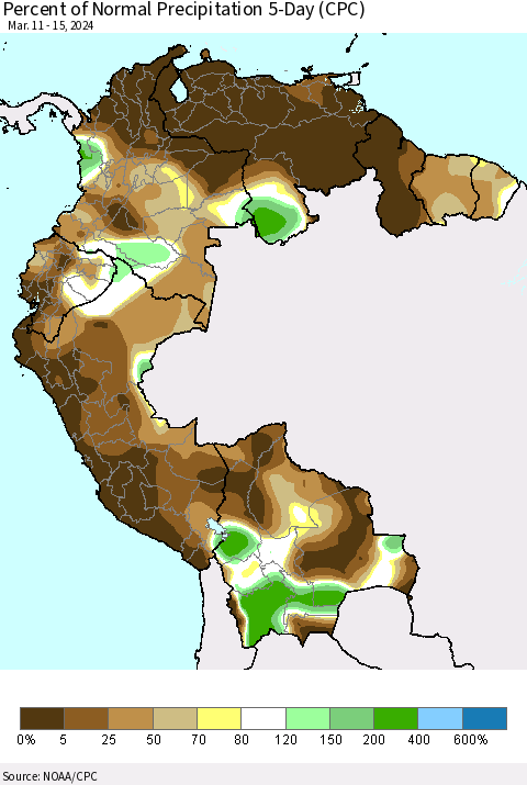 Northern South America Percent of Normal Precipitation 5-Day (CPC) Thematic Map For 3/11/2024 - 3/15/2024