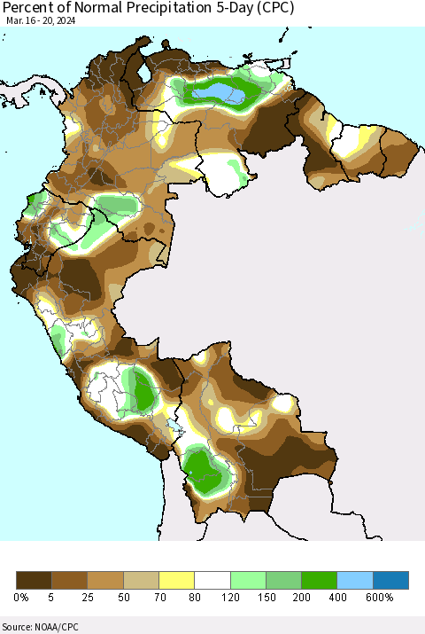 Northern South America Percent of Normal Precipitation 5-Day (CPC) Thematic Map For 3/16/2024 - 3/20/2024