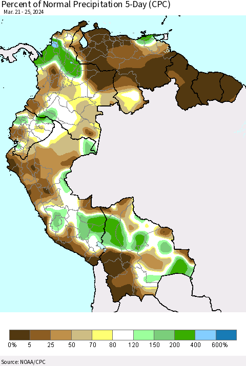 Northern South America Percent of Normal Precipitation 5-Day (CPC) Thematic Map For 3/21/2024 - 3/25/2024