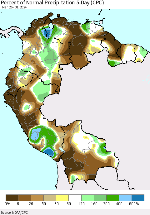 Northern South America Percent of Normal Precipitation 5-Day (CPC) Thematic Map For 3/26/2024 - 3/31/2024