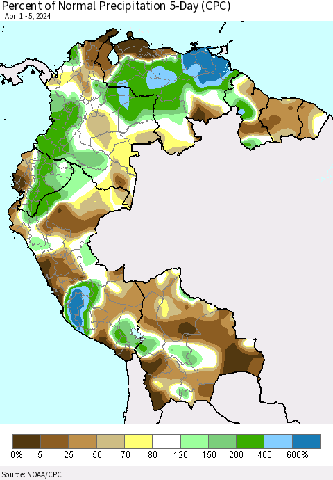 Northern South America Percent of Normal Precipitation 5-Day (CPC) Thematic Map For 4/1/2024 - 4/5/2024