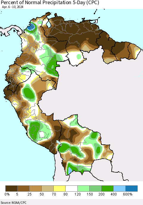 Northern South America Percent of Normal Precipitation 5-Day (CPC) Thematic Map For 4/6/2024 - 4/10/2024