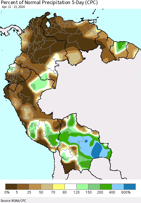 Northern South America Percent of Normal Precipitation 5-Day (CPC) Thematic Map For 4/11/2024 - 4/15/2024