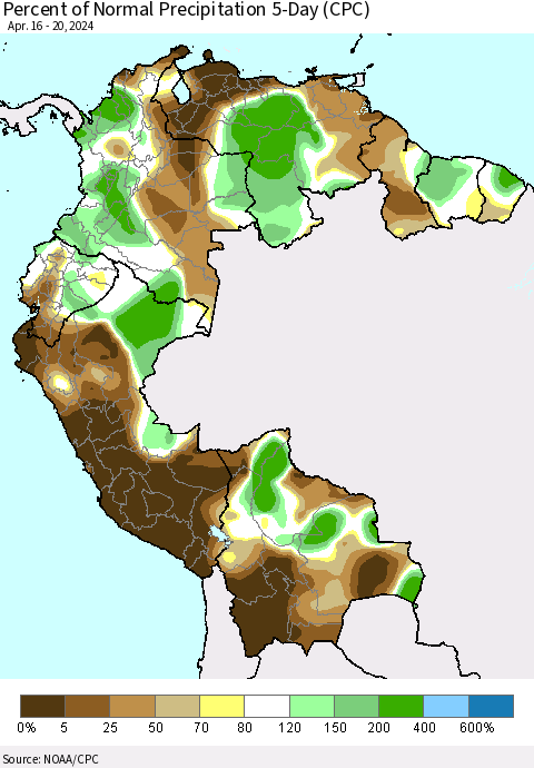 Northern South America Percent of Normal Precipitation 5-Day (CPC) Thematic Map For 4/16/2024 - 4/20/2024