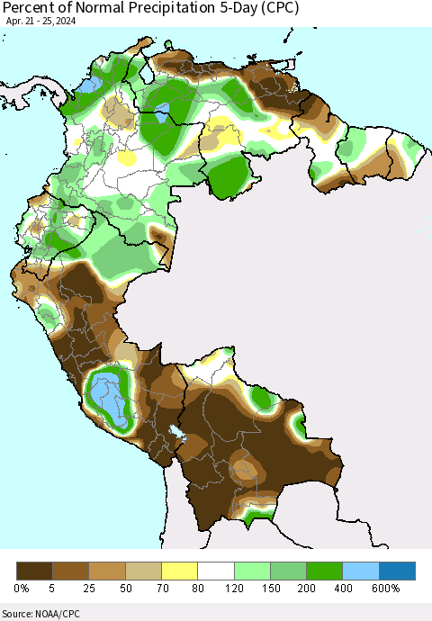 Northern South America Percent of Normal Precipitation 5-Day (CPC) Thematic Map For 4/21/2024 - 4/25/2024