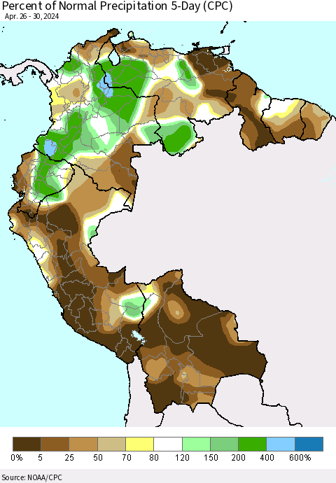 Northern South America Percent of Normal Precipitation 5-Day (CPC) Thematic Map For 4/26/2024 - 4/30/2024