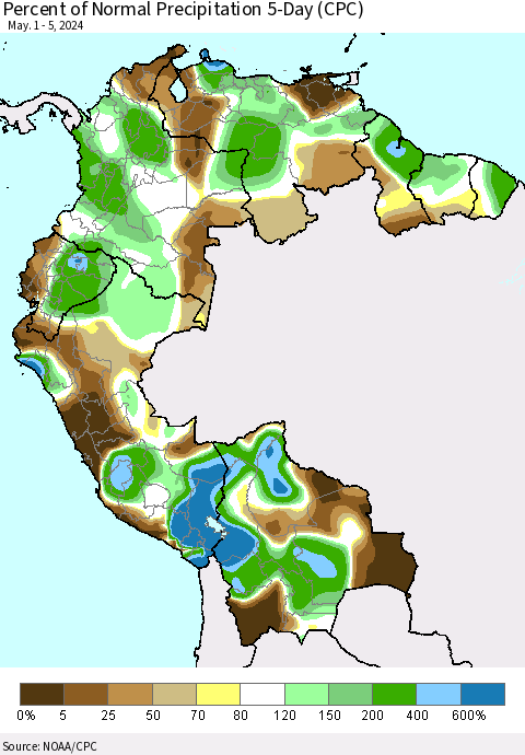 Northern South America Percent of Normal Precipitation 5-Day (CPC) Thematic Map For 5/1/2024 - 5/5/2024