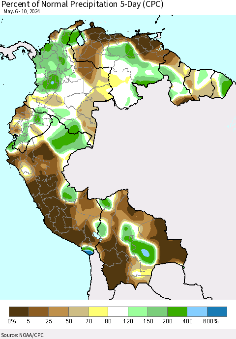 Northern South America Percent of Normal Precipitation 5-Day (CPC) Thematic Map For 5/6/2024 - 5/10/2024