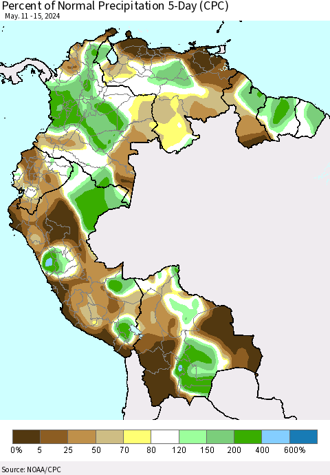 Northern South America Percent of Normal Precipitation 5-Day (CPC) Thematic Map For 5/11/2024 - 5/15/2024