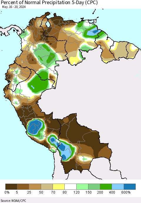 Northern South America Percent of Normal Precipitation 5-Day (CPC) Thematic Map For 5/16/2024 - 5/20/2024