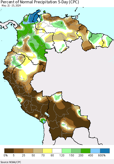 Northern South America Percent of Normal Precipitation 5-Day (CPC) Thematic Map For 5/21/2024 - 5/25/2024