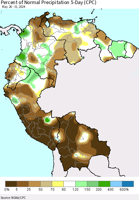 Northern South America Percent of Normal Precipitation 5-Day (CPC) Thematic Map For 5/26/2024 - 5/31/2024
