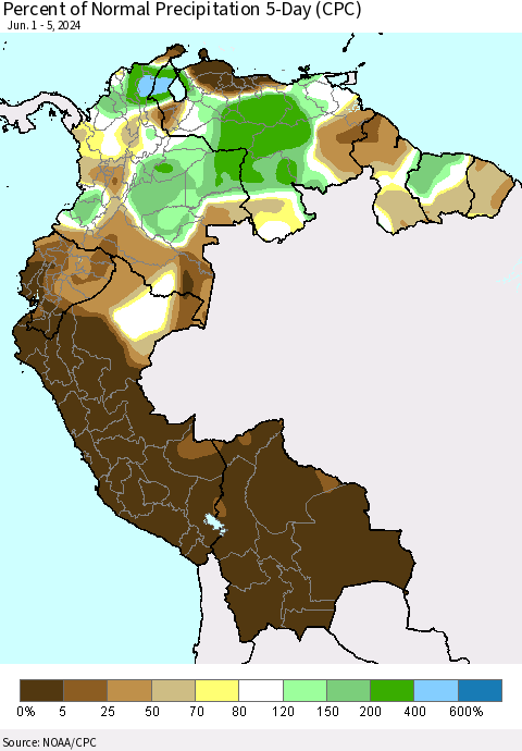Northern South America Percent of Normal Precipitation 5-Day (CPC) Thematic Map For 6/1/2024 - 6/5/2024