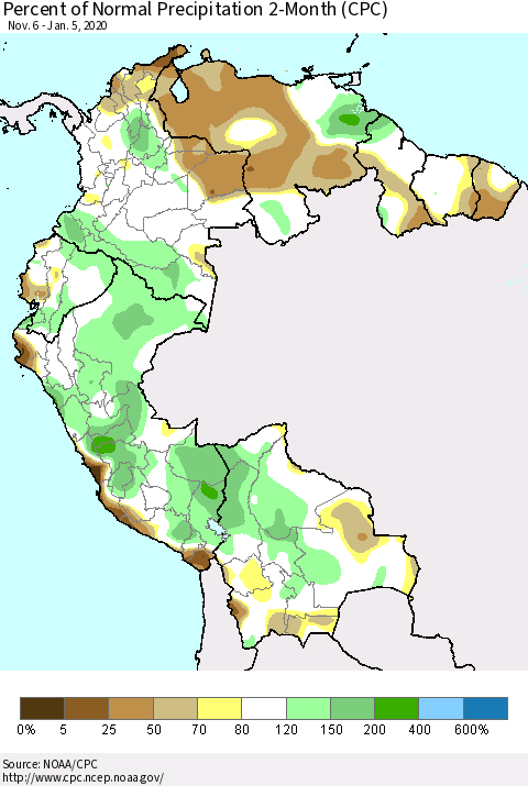 Northern South America Percent of Normal Precipitation 2-Month (CPC) Thematic Map For 11/6/2019 - 1/5/2020