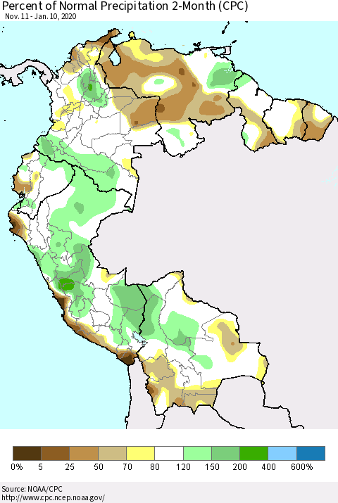 Northern South America Percent of Normal Precipitation 2-Month (CPC) Thematic Map For 11/11/2019 - 1/10/2020