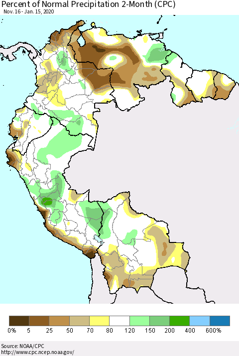 Northern South America Percent of Normal Precipitation 2-Month (CPC) Thematic Map For 11/16/2019 - 1/15/2020