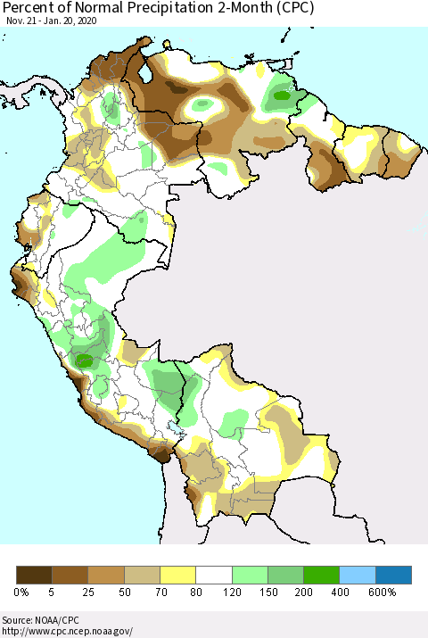 Northern South America Percent of Normal Precipitation 2-Month (CPC) Thematic Map For 11/21/2019 - 1/20/2020