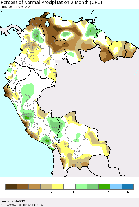 Northern South America Percent of Normal Precipitation 2-Month (CPC) Thematic Map For 11/26/2019 - 1/25/2020