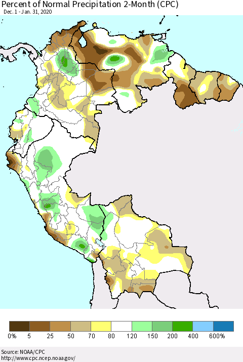 Northern South America Percent of Normal Precipitation 2-Month (CPC) Thematic Map For 12/1/2019 - 1/31/2020