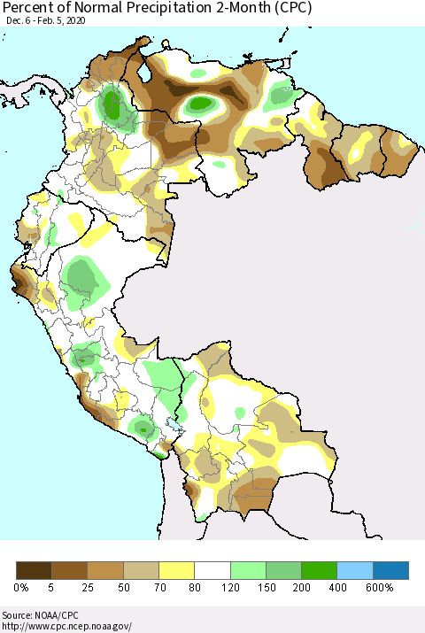 Northern South America Percent of Normal Precipitation 2-Month (CPC) Thematic Map For 12/6/2019 - 2/5/2020