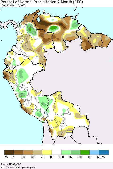 Northern South America Percent of Normal Precipitation 2-Month (CPC) Thematic Map For 12/11/2019 - 2/10/2020