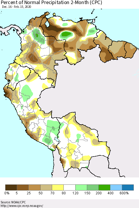 Northern South America Percent of Normal Precipitation 2-Month (CPC) Thematic Map For 12/16/2019 - 2/15/2020