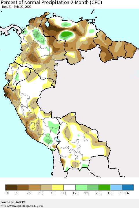 Northern South America Percent of Normal Precipitation 2-Month (CPC) Thematic Map For 12/21/2019 - 2/20/2020