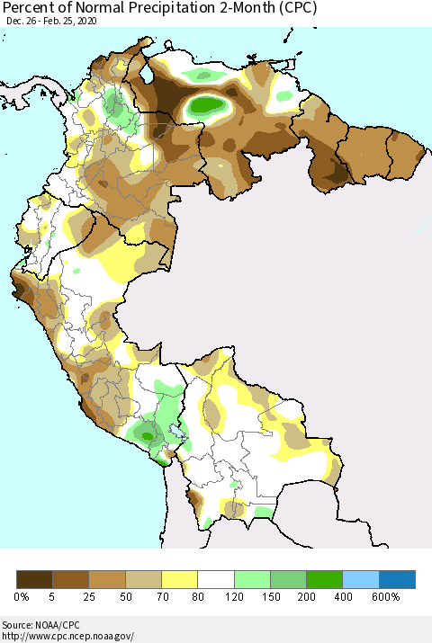 Northern South America Percent of Normal Precipitation 2-Month (CPC) Thematic Map For 12/26/2019 - 2/25/2020