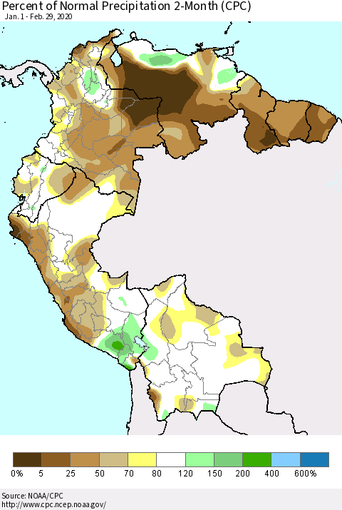 Northern South America Percent of Normal Precipitation 2-Month (CPC) Thematic Map For 1/1/2020 - 2/29/2020