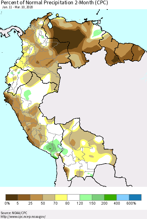 Northern South America Percent of Normal Precipitation 2-Month (CPC) Thematic Map For 1/11/2020 - 3/10/2020
