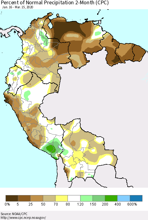 Northern South America Percent of Normal Precipitation 2-Month (CPC) Thematic Map For 1/16/2020 - 3/15/2020