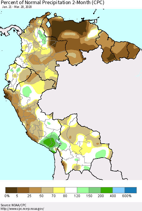 Northern South America Percent of Normal Precipitation 2-Month (CPC) Thematic Map For 1/21/2020 - 3/20/2020