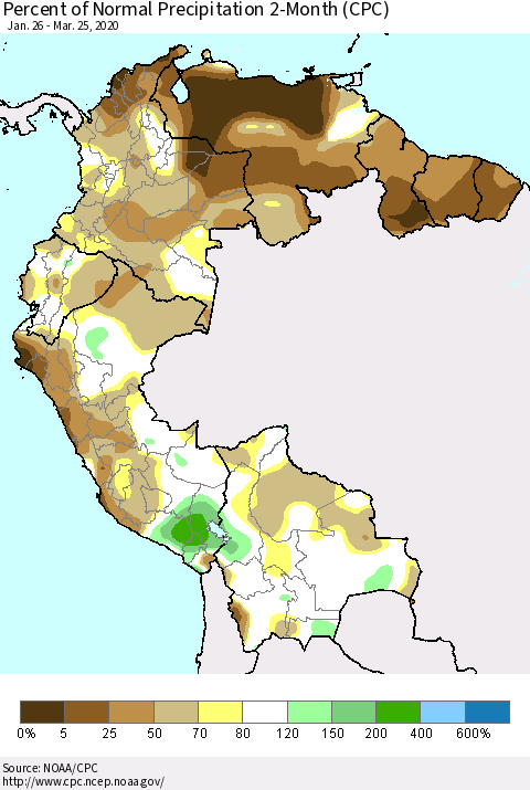 Northern South America Percent of Normal Precipitation 2-Month (CPC) Thematic Map For 1/26/2020 - 3/25/2020