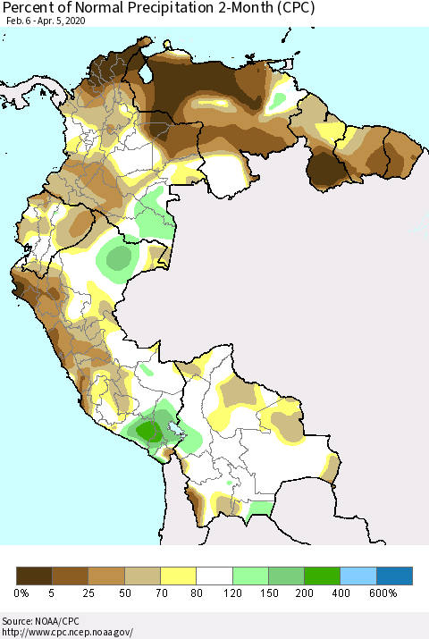 Northern South America Percent of Normal Precipitation 2-Month (CPC) Thematic Map For 2/6/2020 - 4/5/2020