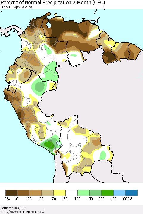 Northern South America Percent of Normal Precipitation 2-Month (CPC) Thematic Map For 2/11/2020 - 4/10/2020