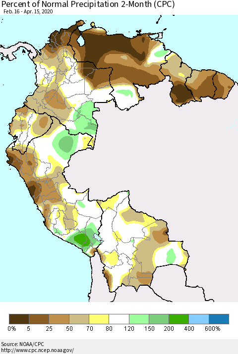 Northern South America Percent of Normal Precipitation 2-Month (CPC) Thematic Map For 2/16/2020 - 4/15/2020