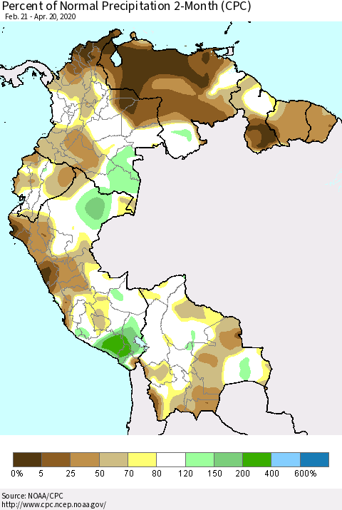 Northern South America Percent of Normal Precipitation 2-Month (CPC) Thematic Map For 2/21/2020 - 4/20/2020