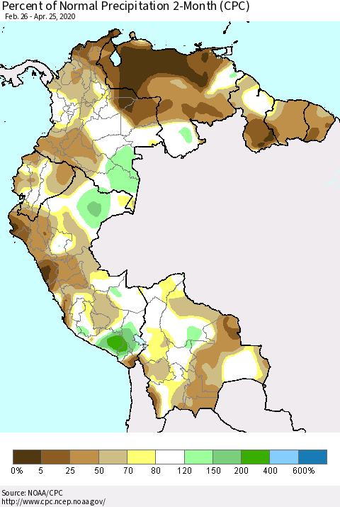 Northern South America Percent of Normal Precipitation 2-Month (CPC) Thematic Map For 2/26/2020 - 4/25/2020